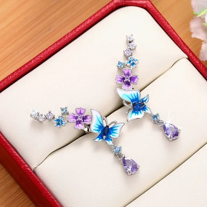 Huitan Butterfly Flower Drop Earrings | Colorful CZ Women's Jewelry