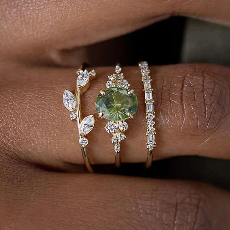 Huitan 3-Piece Olive Green CZ Gold Bridal Ring Set for Women