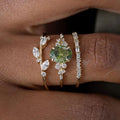 Huitan 3-Piece Olive Green CZ Gold Bridal Ring Set for Women
