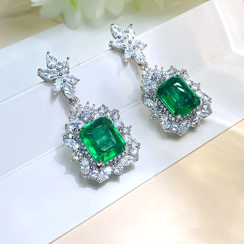 Huitan Green Cubic Zirconia Flower Dangle Earrings | Women