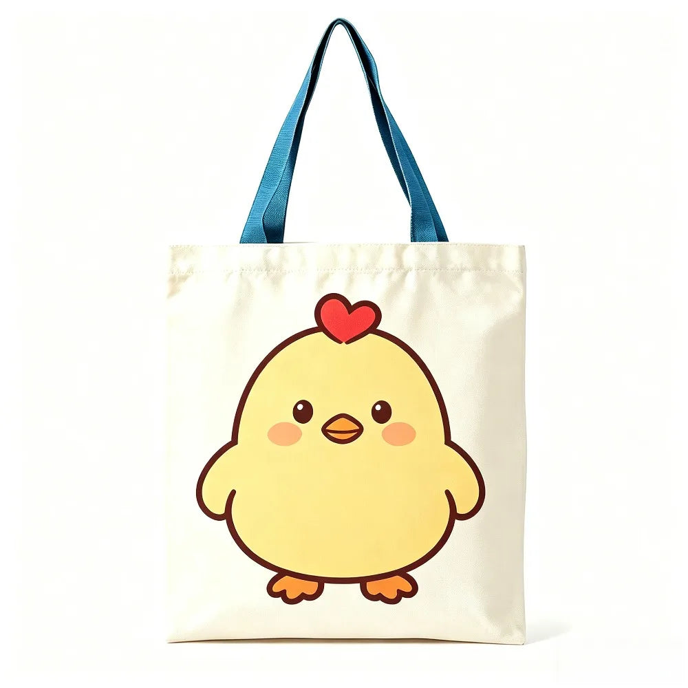 Cute Yellow Chick Red Heart Print Canvas Tote Bag Eco Reusable