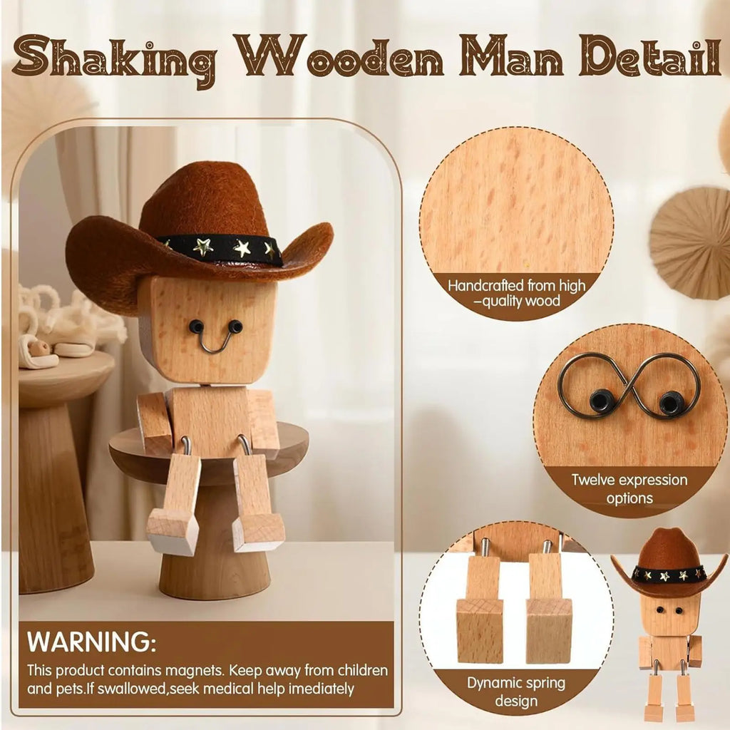 Wobbly Wooden Cowboy Figurine | Spring Shaking Dashboard Toy