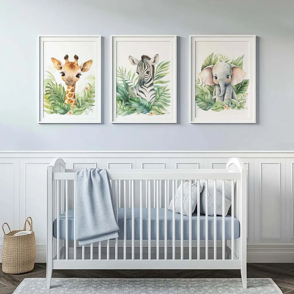Safari Animal Canvas Wall Art | Nursery Giraffe Elephant Zebra Print