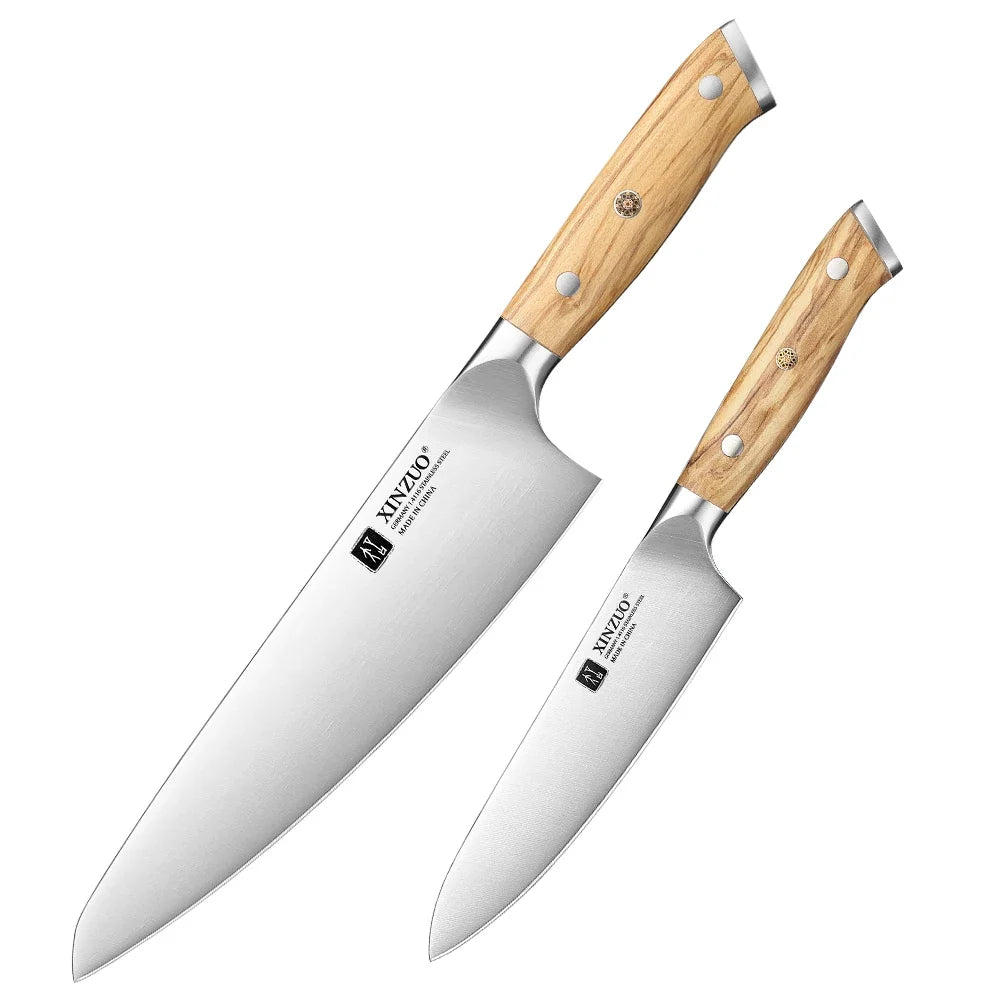 XINZUO German Steel Chef & Utility Knife Set – Olive Wood Handle