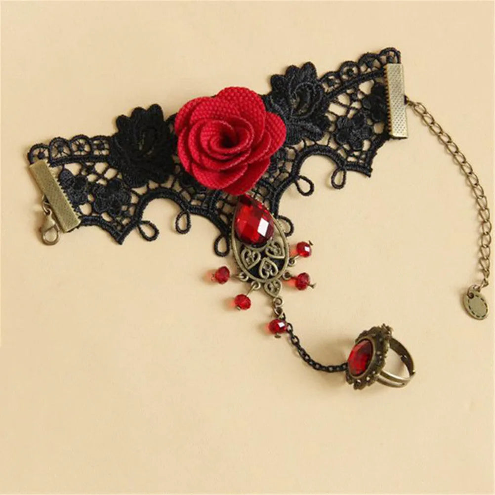 Gothic Lace Red Rose Bracelet with Adjustable Finger Ring
