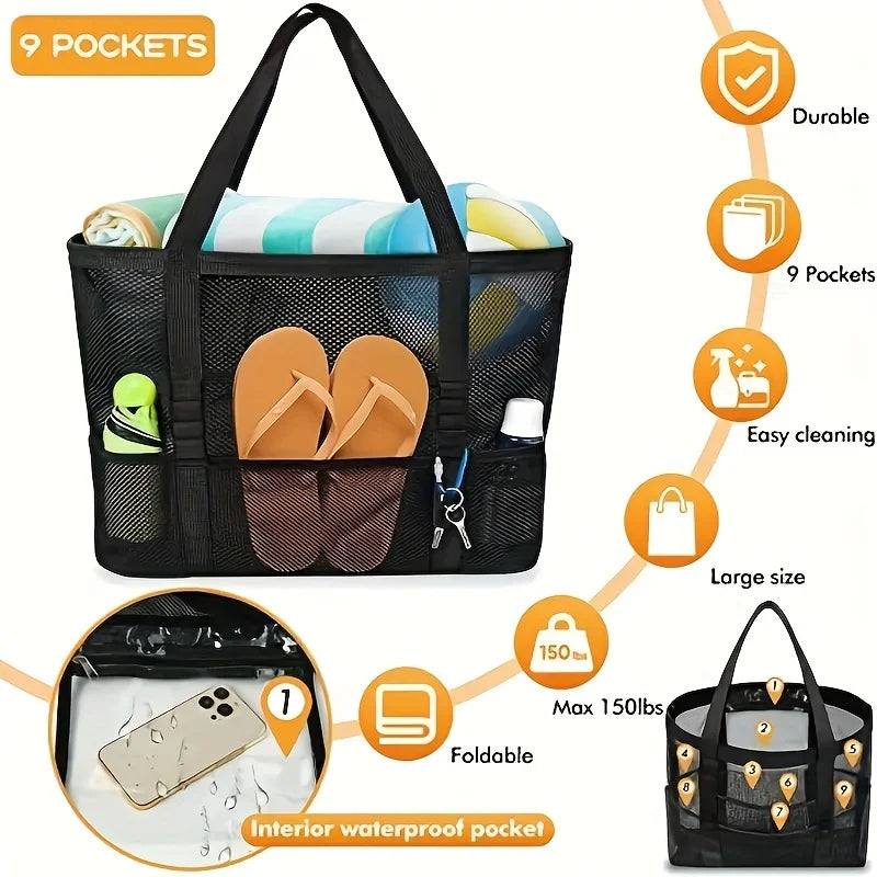 Large Capacity Folding Mesh Beach Bag Breathable Lining Reinforced