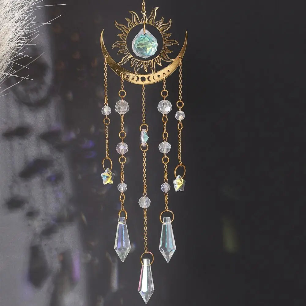 Golden Flame Moon Crystal Suncatcher Pendant – Rainbow Decor