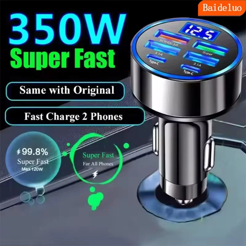 120W 6-Port USB-C Car Charger PD QC3.0 Fast Charge Adapter
