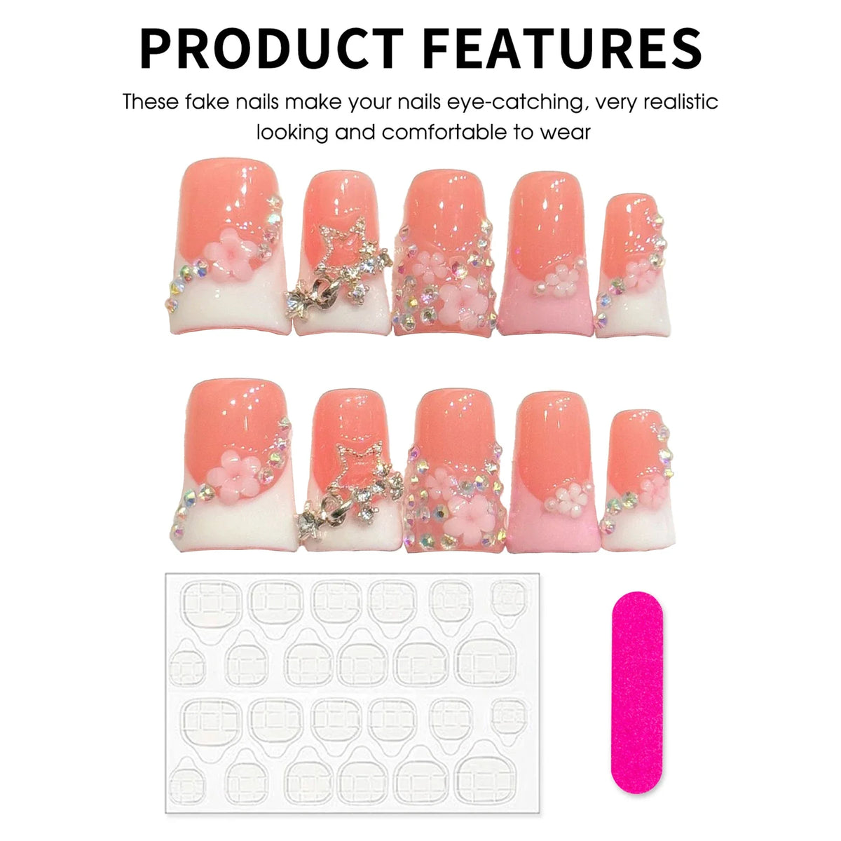 French Duckbill Press On Nails 3D Floral Rhinestone | 10pcs