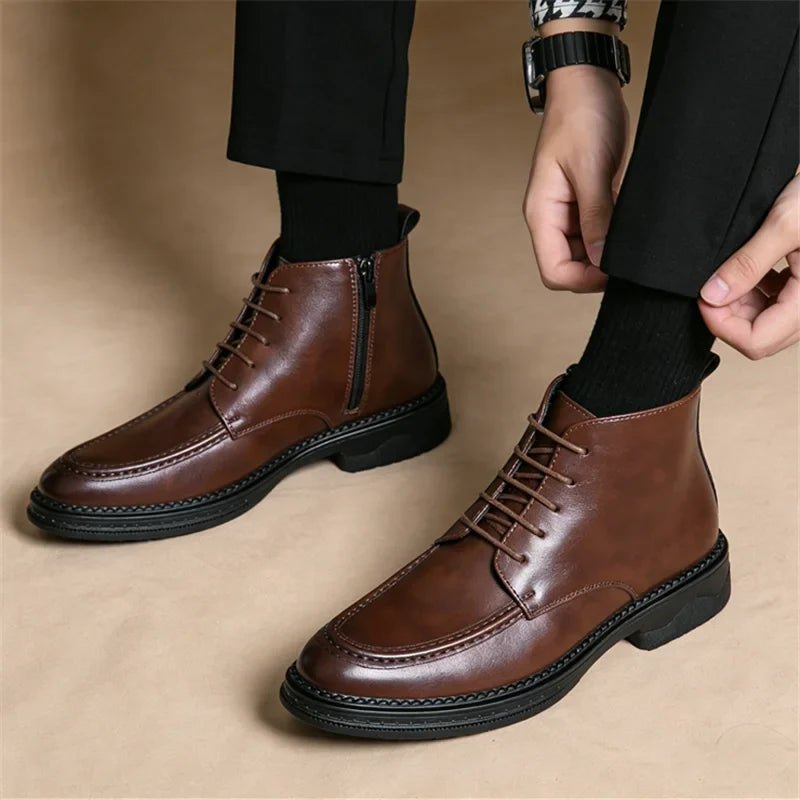 Men's British High-Top Pointed Toe Patent Leather Ankle Boots