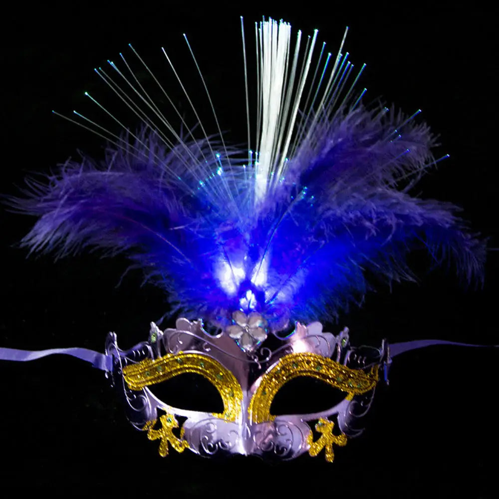 Women LED Party Mask Masquerade Luxury Peacock Feathers Half Face