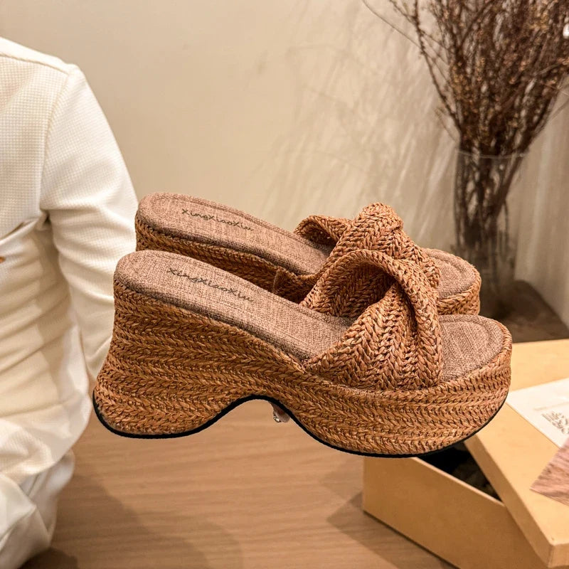 Women's Straw Woven Platform Wedge Sandals | Bohemian Slides