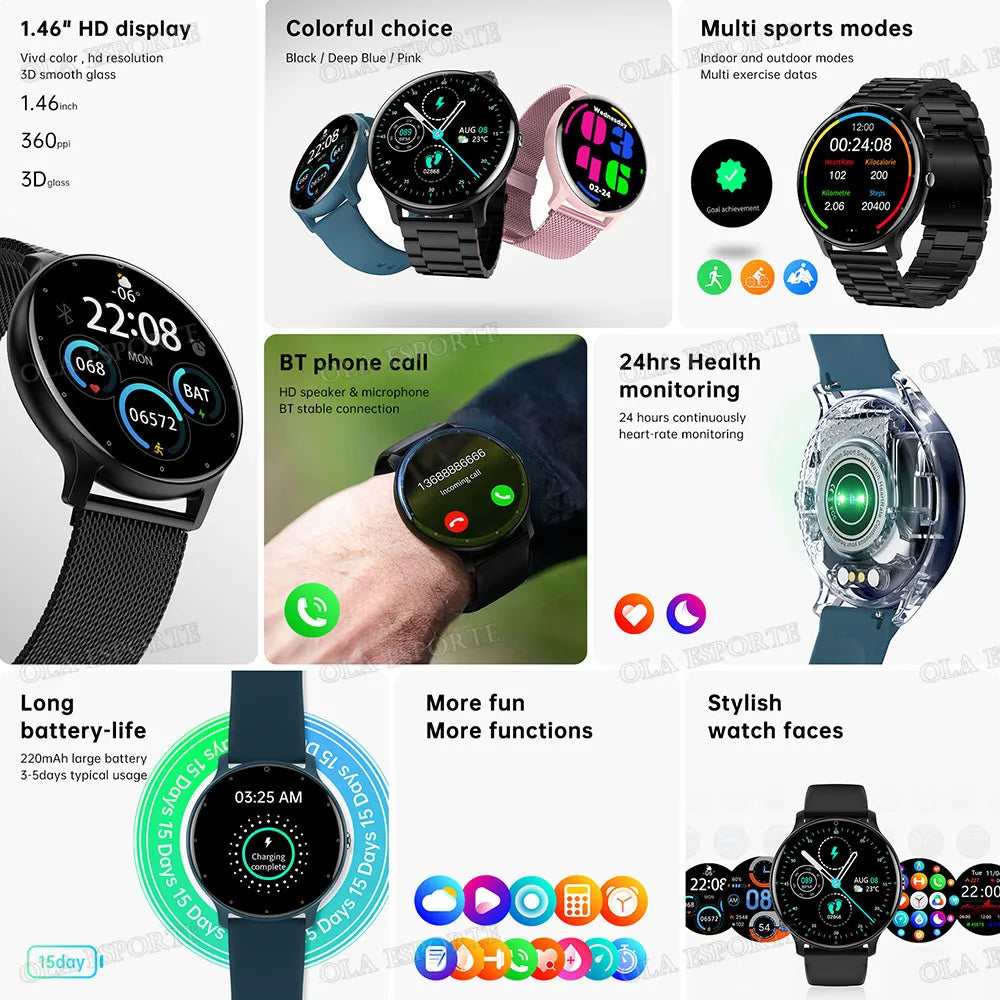 Ola Esporte Smart Watch | Full Touch, IP67, Bluetooth – Men & Women