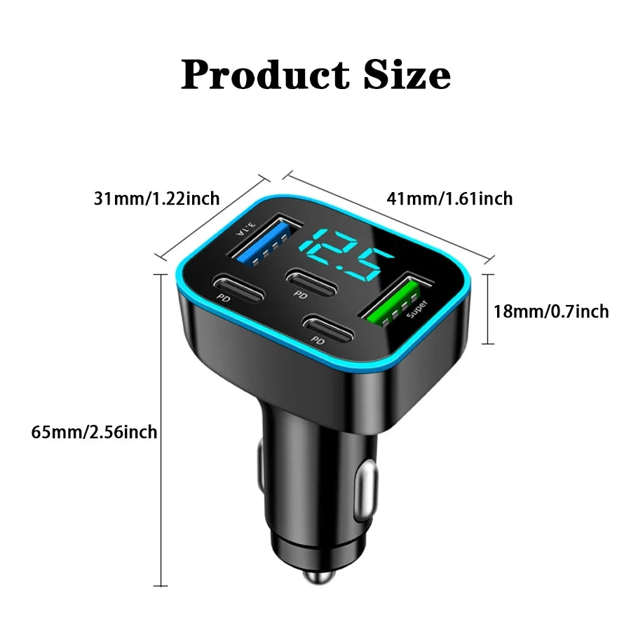 5-Port Fast Car Charger – 3x USB-C PD, 2x USB, Digital Display