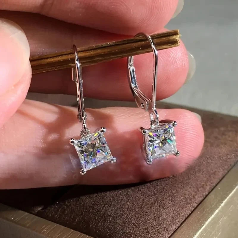 Huitan CZ Princess Dangle Earrings – Silver & Rose Gold