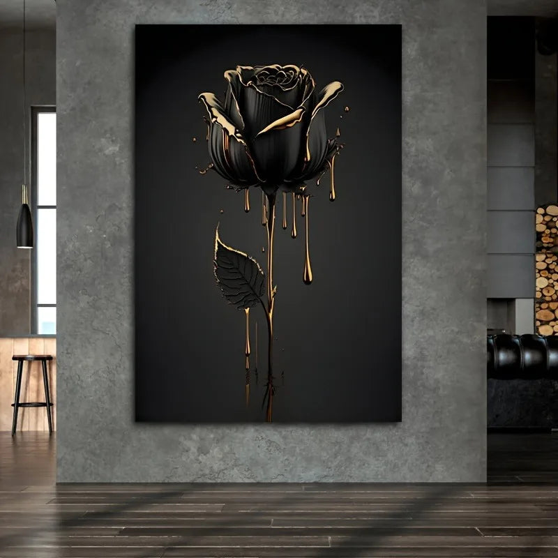 Golden Black Rose Canvas Wall Art | Floral Poster Room Decor