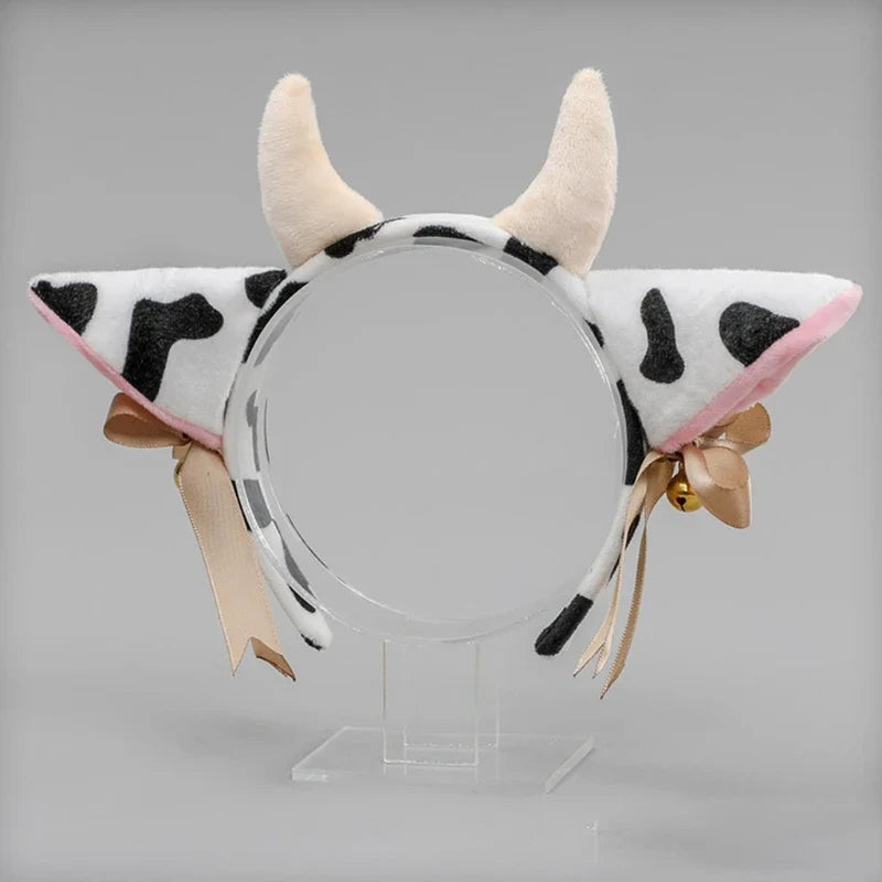 Cartoon Plush Cow Ears Horn Headband Small Bells Ribbon Bow Anime