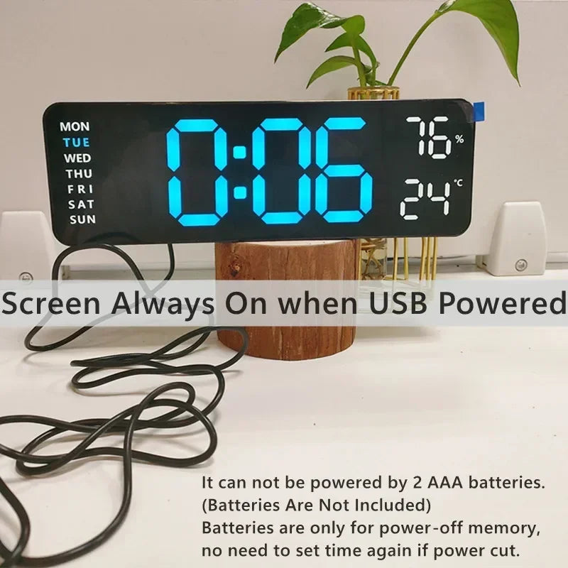 Large Digital Wall Clock Temperature Humidity Display Auto Dimmer USB