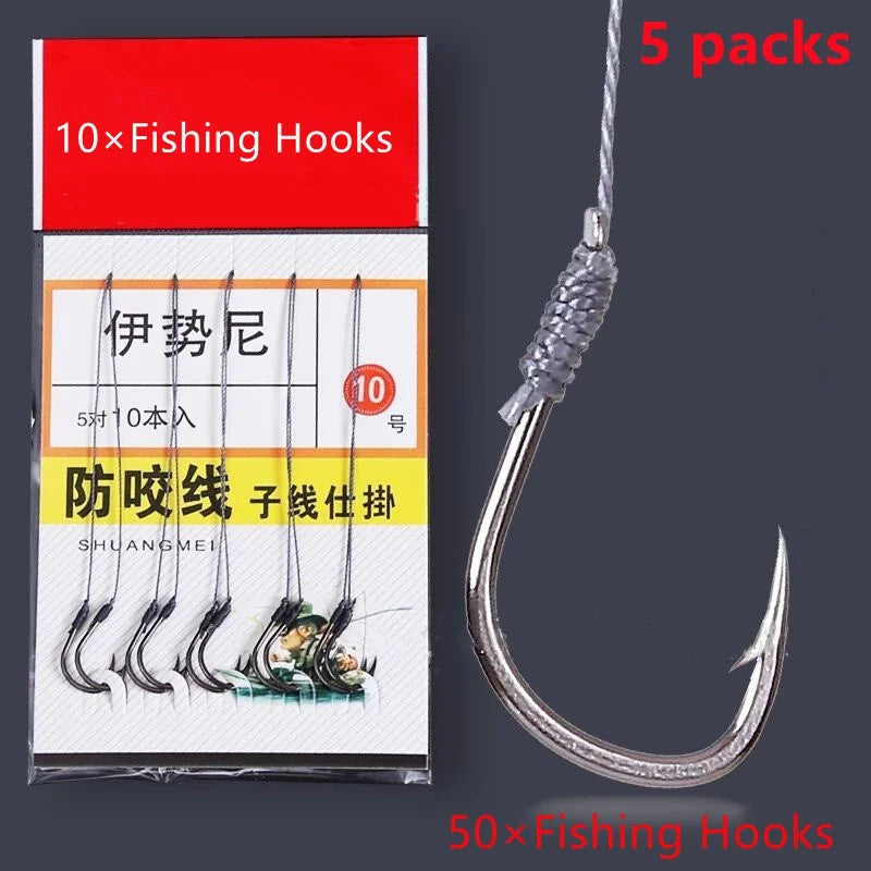 50-Pack Size 10 Barbed Fishing Hooks – Pre-Tied Steel Alloy