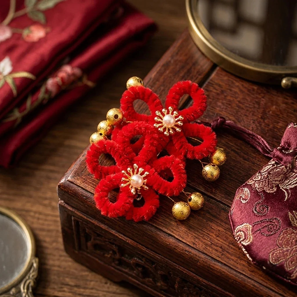 Vintage Red Flower Hair Comb | Chinese Bridal Headdress