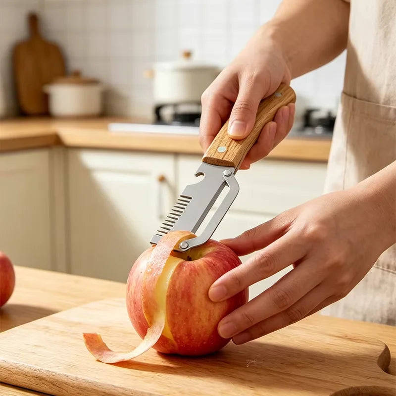 3-in-1 Stainless Steel Vegetable Peeler with Wooden Handle