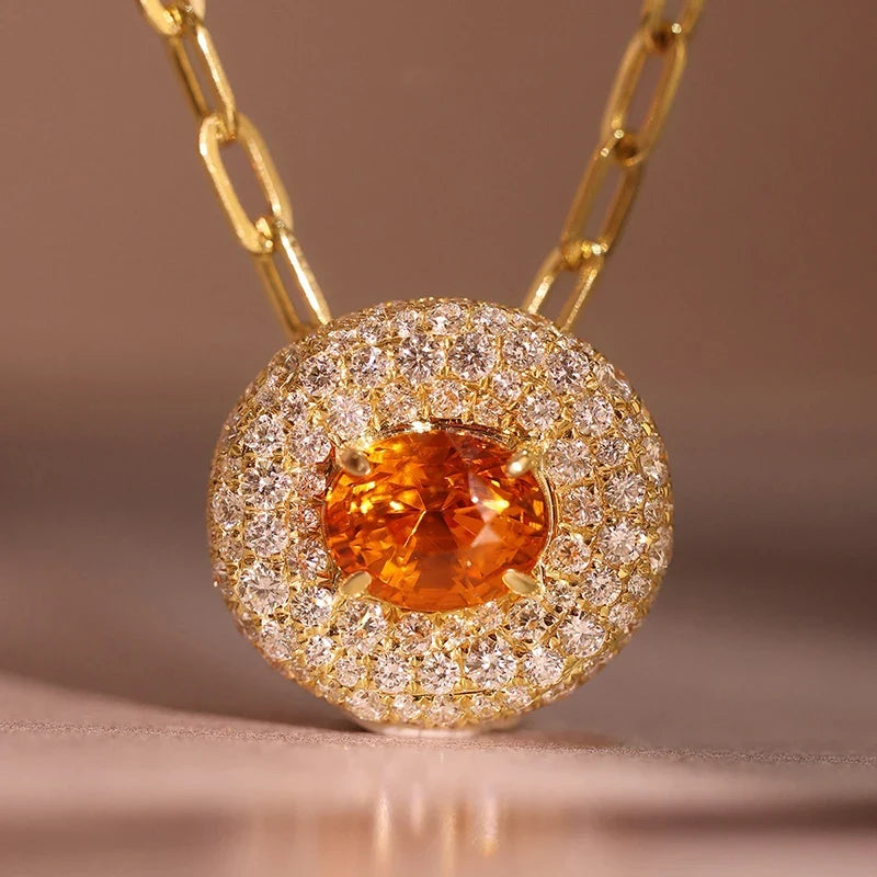Huitan Orange Red CZ Oval Pendant Necklace | Paperclip Chain
