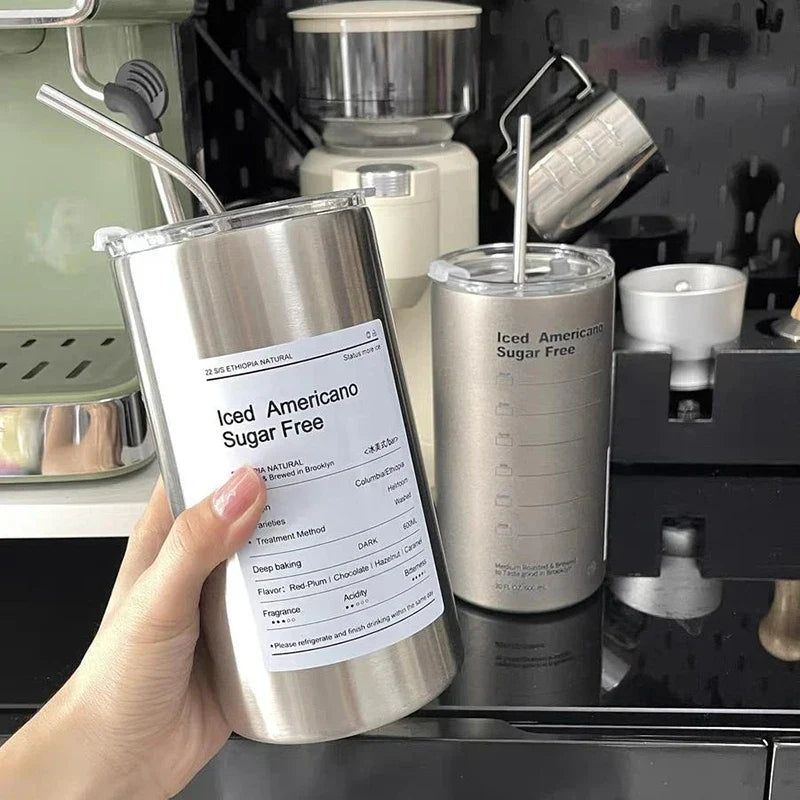 600ml Vacuum Insulated Coffee Mug – Stainless Steel with Straw