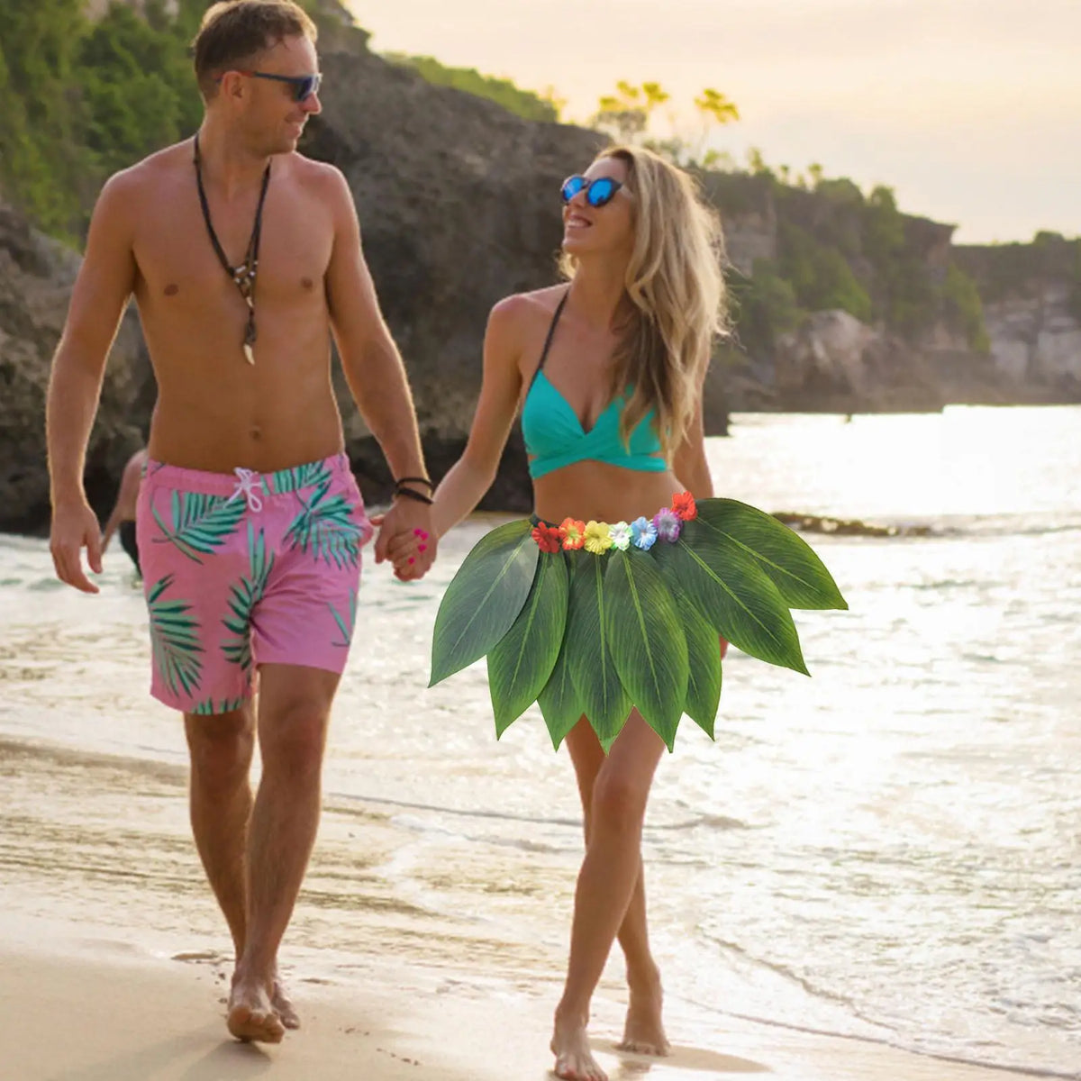 Hawaiian Grass Skirt with Flowers & Wreath Set | Party Costume