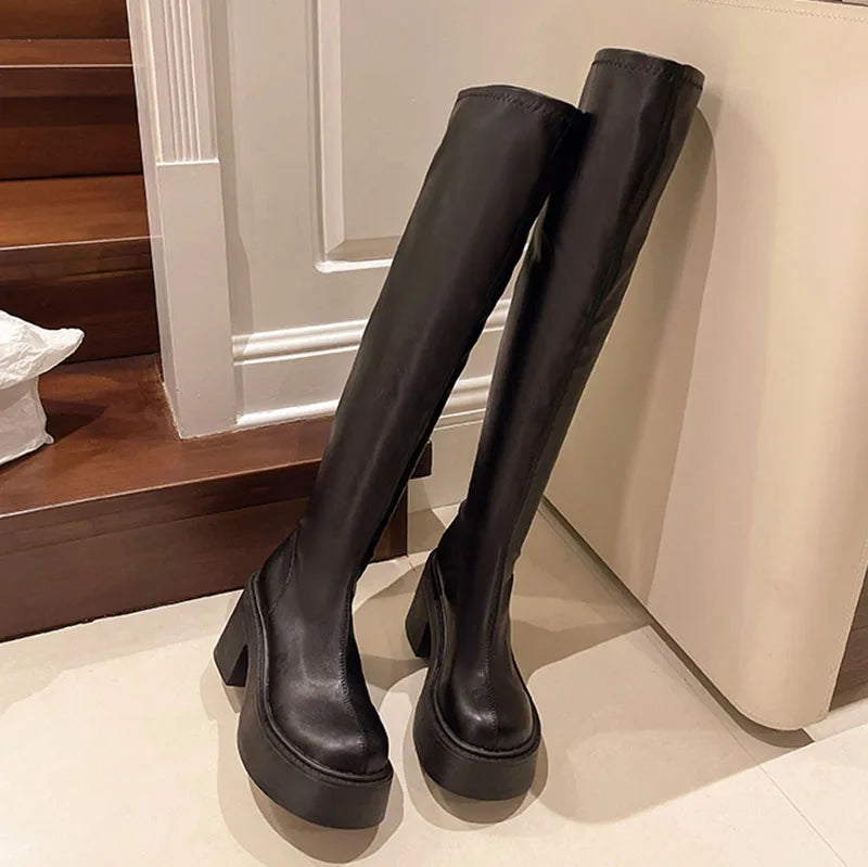 Women's Over-the-Knee Chunky Heel Boots – Slip-On Round Toe