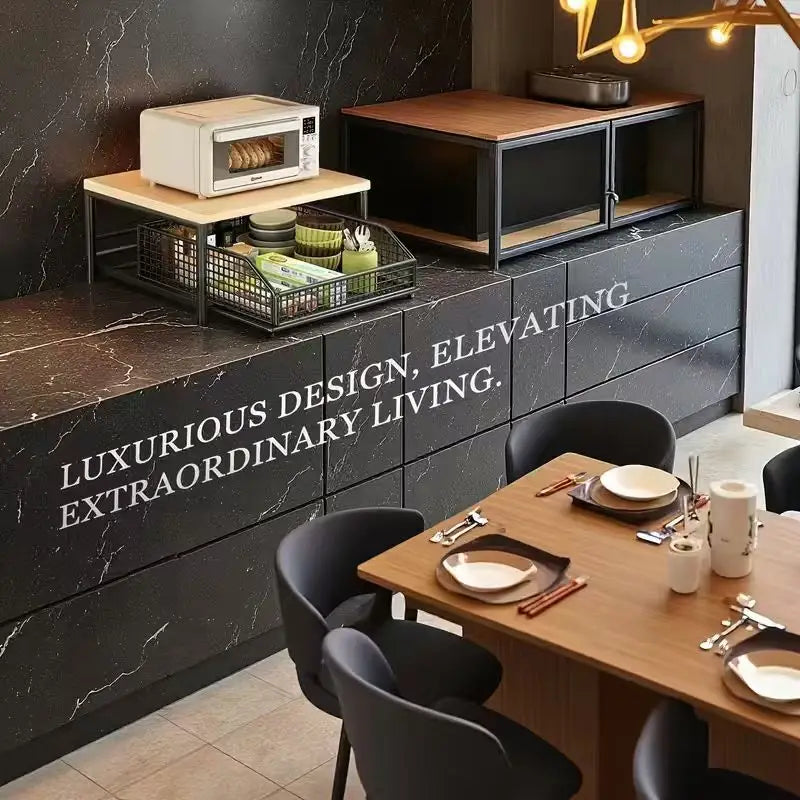Metal & Wood Microwave Rack with Pull-Out Drawer | Kitchen Organizer