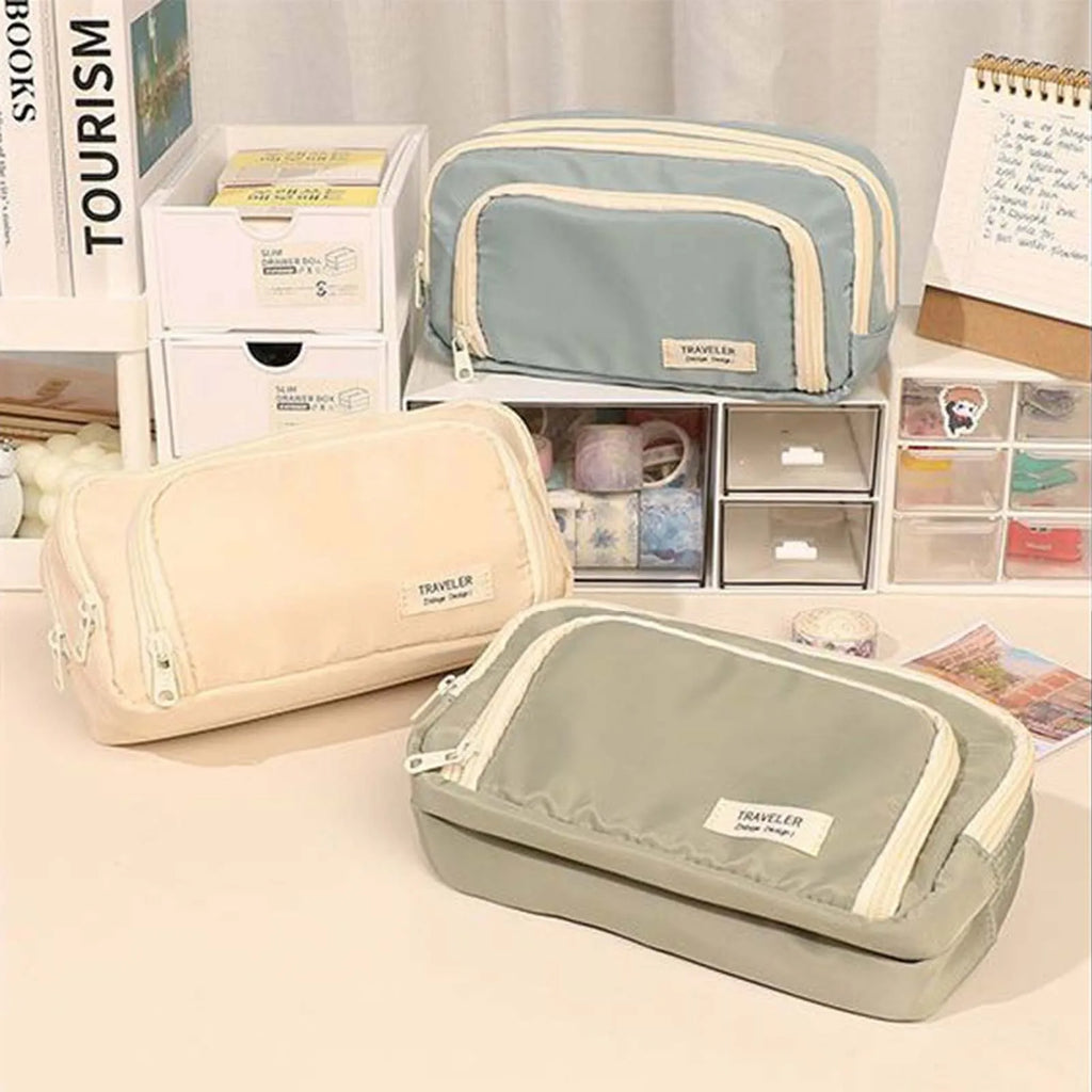 Three-Layer Zipper Pencil Case | Canvas Stationery Organizer