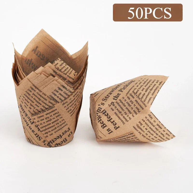 50pcs Newspaper Style Tulip Cupcake Liners | Baking Cups