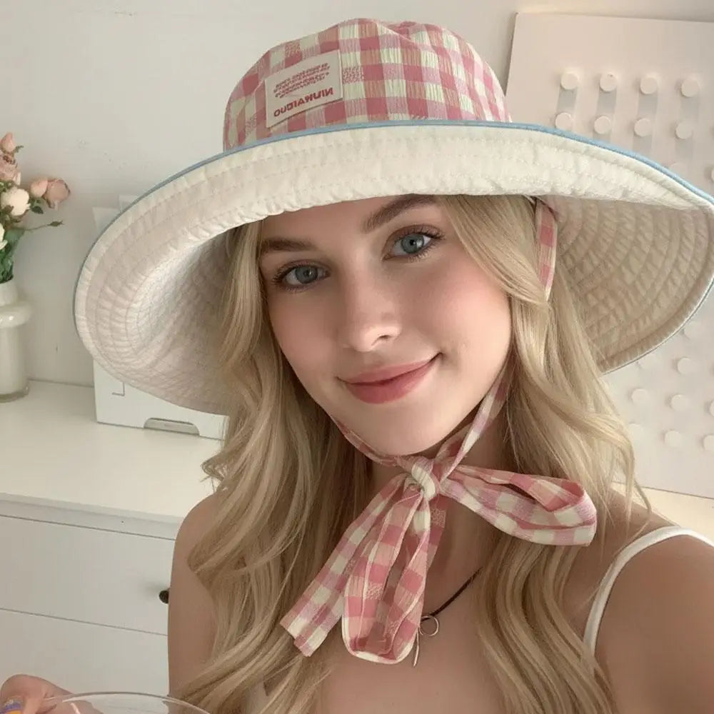 Women Summer UV Protection Wide Brim Sun Hats Chin Strap Cute Pastel