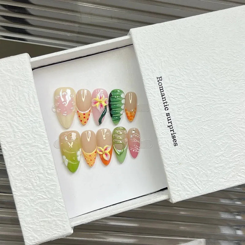 Handmade Press On Nails 3D Tropical Flower Almond | 10pcs Set