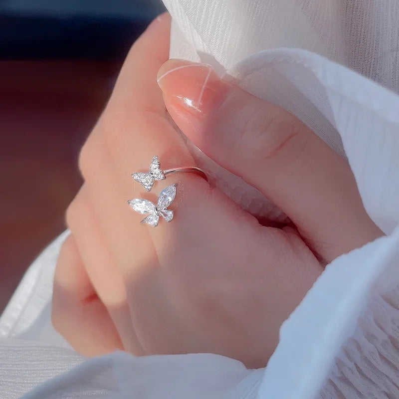 Huitan Butterfly Opening Ring Women – Silver CZ Fashion Jewelry