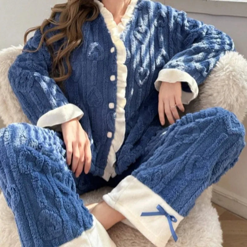 Women's Thickened Pajama Set – Soft Cardigan & Long Pants