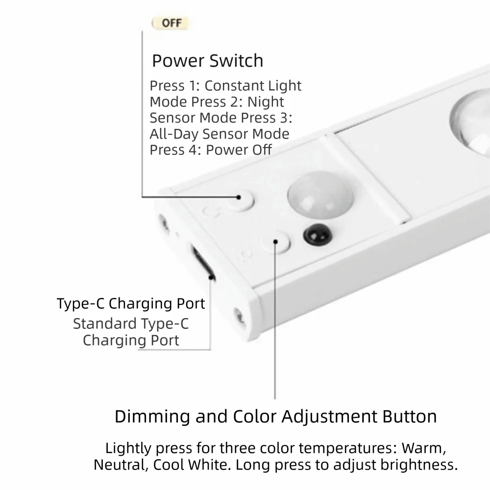 USB Rechargeable LED Motion Sensor Light – 3 Colors, Dimmable