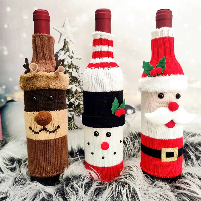 Christmas Knitted Wine Bottle Covers Snowman Reindeer Atmosphere