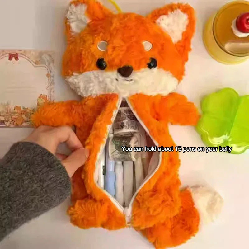 Kawaii Fox Plush Pencil Case – Cute Fluffy Animal Bag for Kids