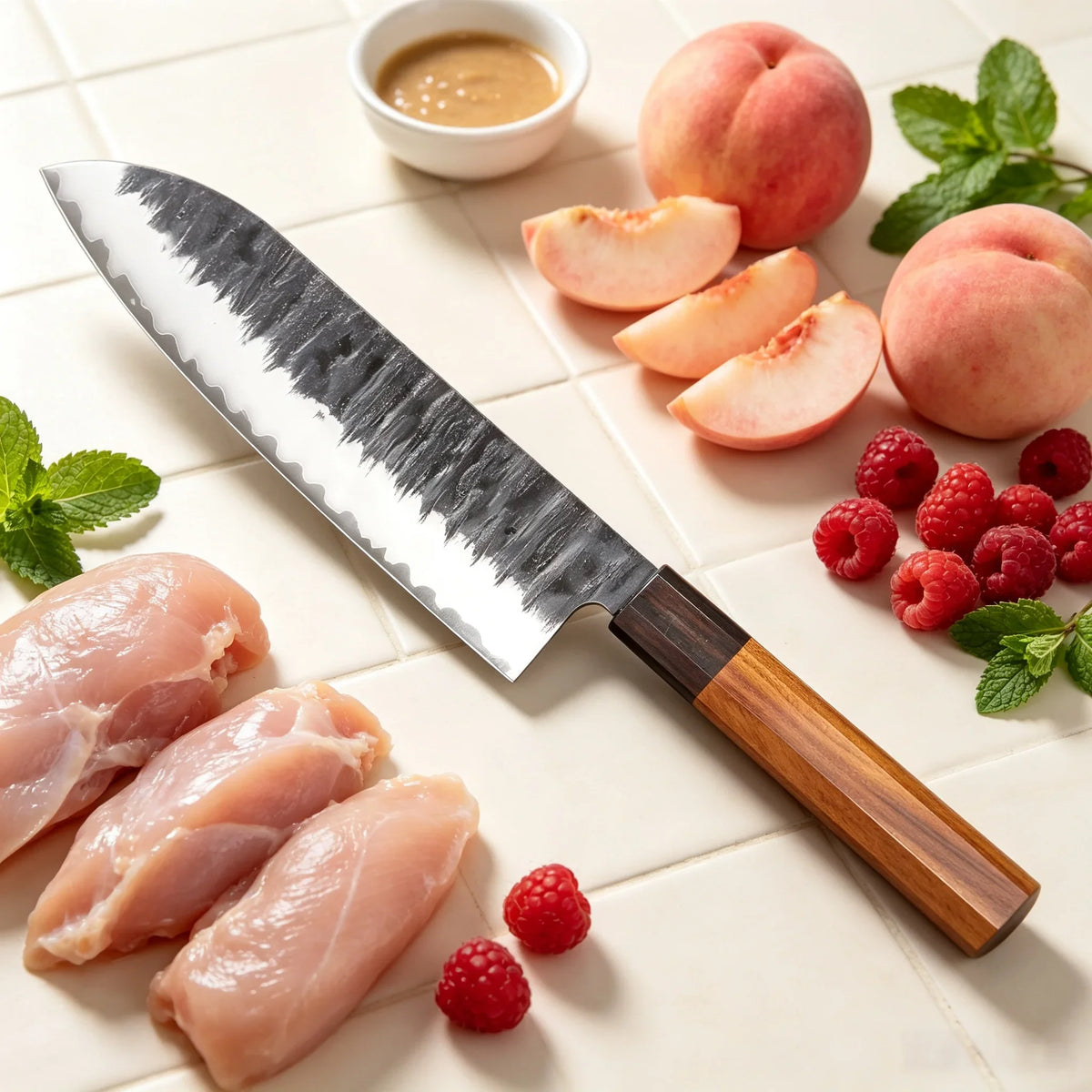 Hammer Forged Santoku Knife – Stainless Steel & Wood Handle