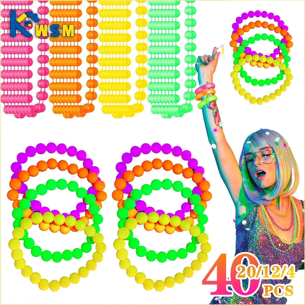 Neon Glow Bead Necklace & Bracelet Set – 4–40 PCS UV Party