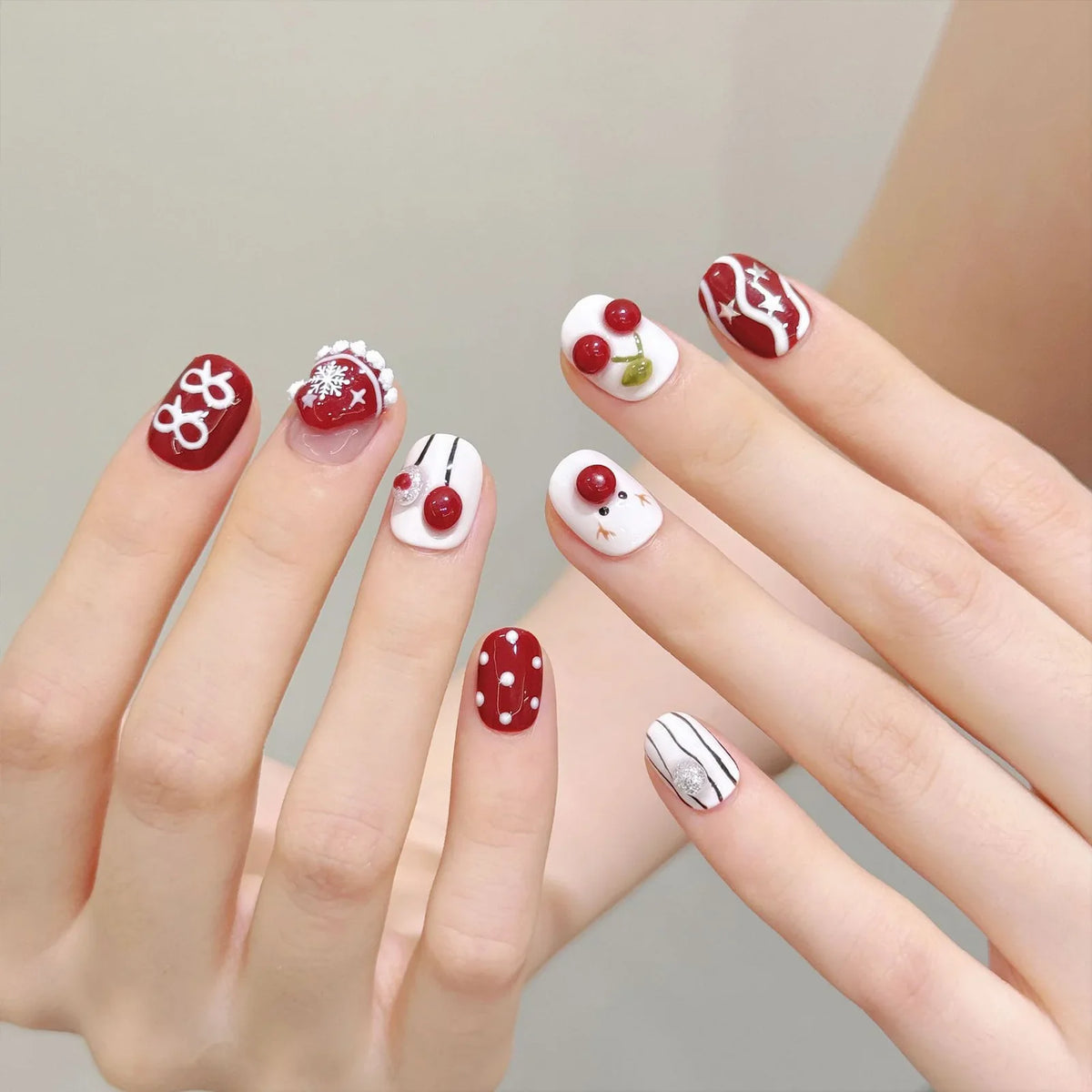 3D Christmas Press-On Nails | Glitter Stars French Tip – 10Pcs