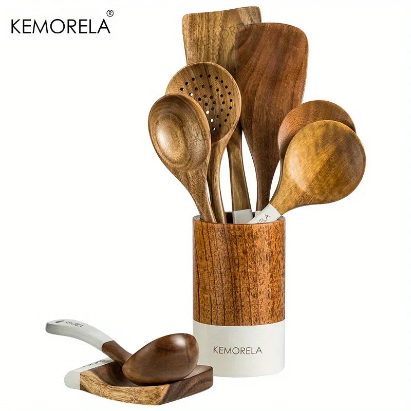 KEMORELA 9-Piece Acacia Wood Cooking Utensils Set with Holder