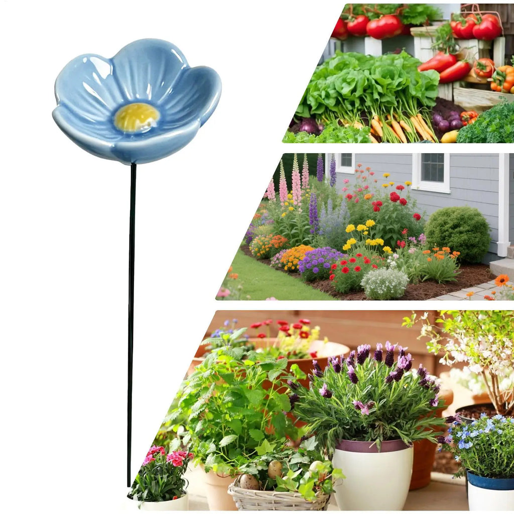 Ceramic Flower Bee Watering Station Garden Stake | Bird Bath