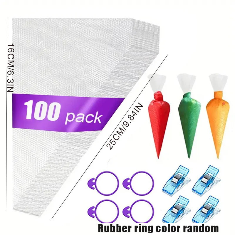 100-Pc Disposable Piping Bags with Ties & Clips for Baking