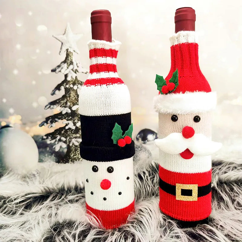 Christmas Knitted Wine Bottle Covers Snowman Reindeer Atmosphere