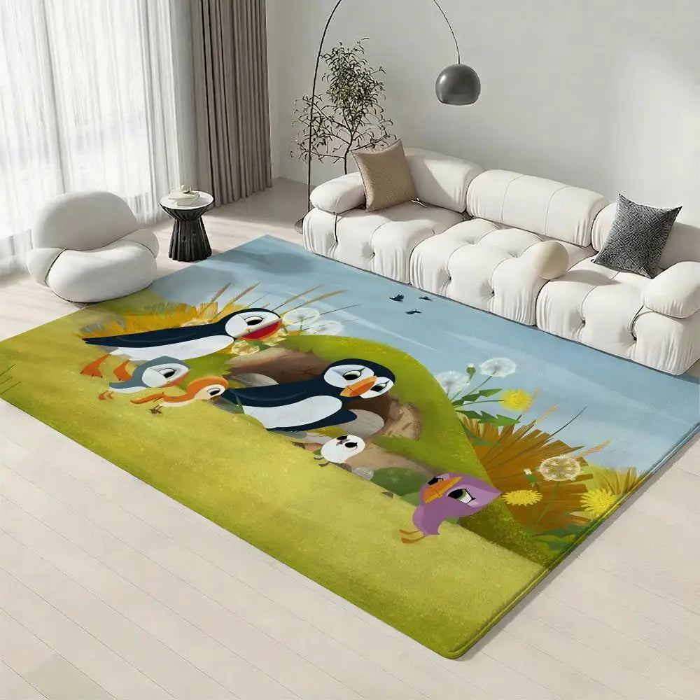 Kids Cartoon Puffin Flannel Floor Rug – Soft Non-Slip Indoor Mat