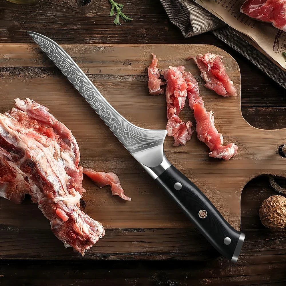 67-Layer Damascus Steel Boning Knife – Forged Kitchen Knife