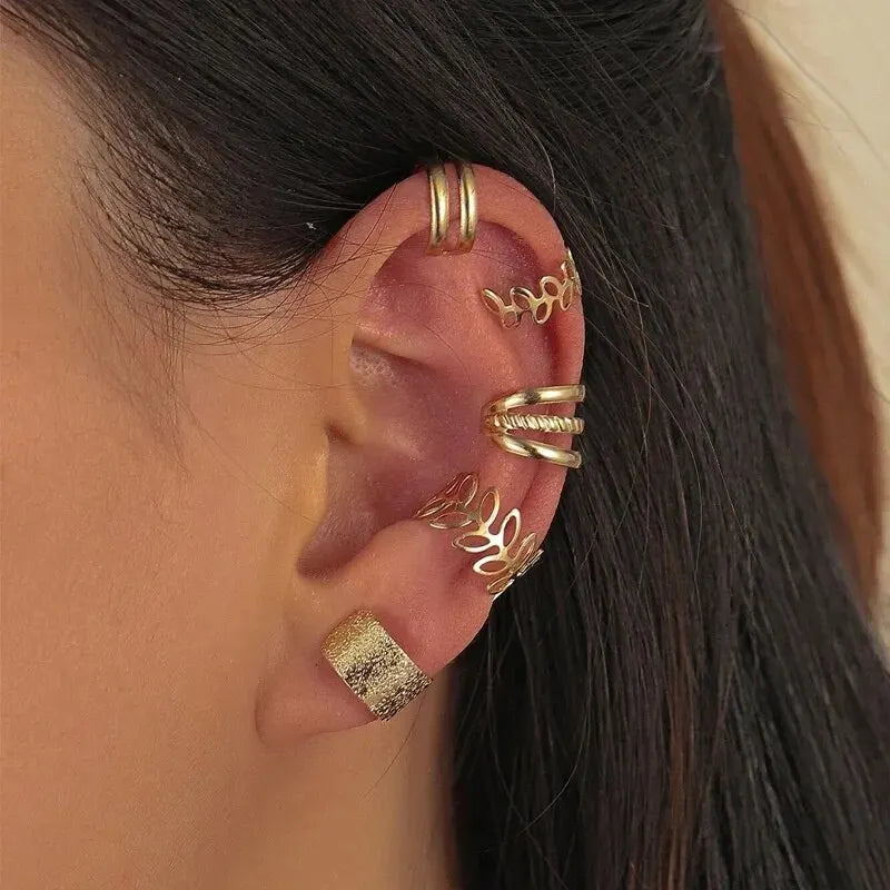 5-Piece Silver Leaf Clip Earring Set – Non-Piercing Ear Cuffs