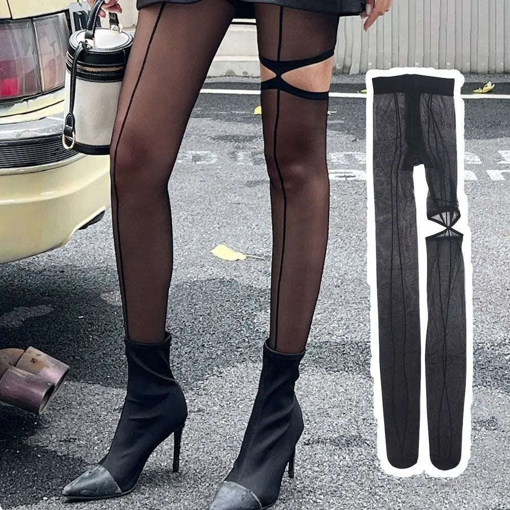Women's Asymmetric Hollow Out Tights – Vertical Line Stockings